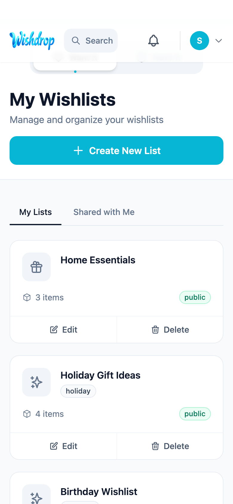 Wishdrop dashboard showing wishlists