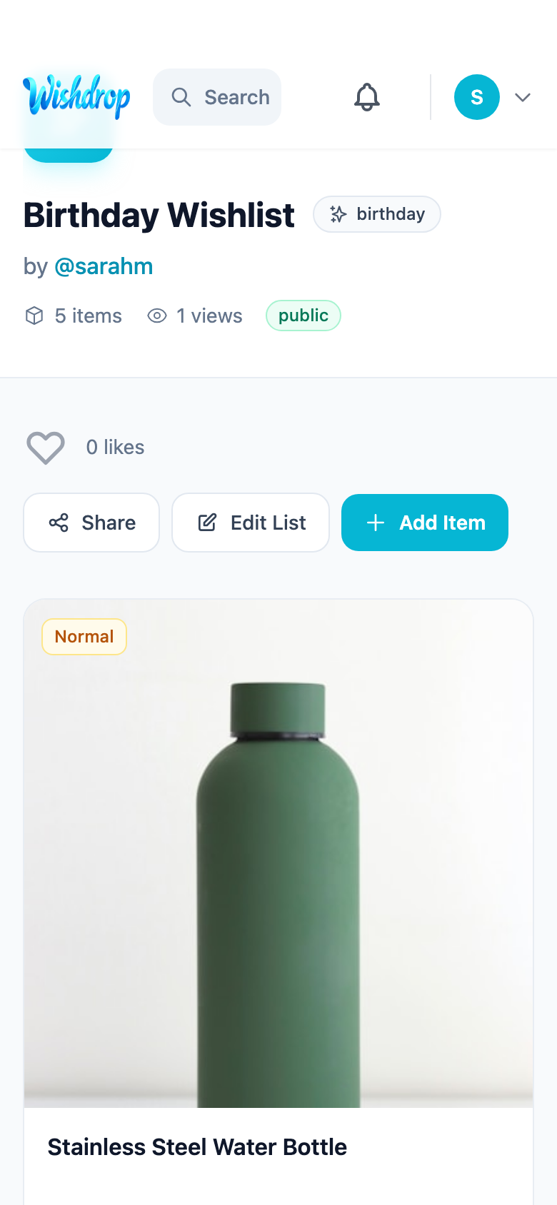 Wishdrop share modal for sending lists