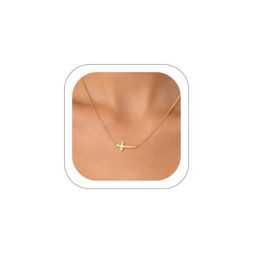 U7 Silver/14K Gold Tone Sideway CZ Cross Necklace for Women,18"+2" | Stainless Steel Chain Sideway Cross Pendant,Waterproof & No Tarnish Resistant,Faith Jewelry Gift for Her
