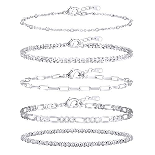 adoyi Gold Bracelets for Women, 14K Gold Plated Stackable Bracelet Stack Set Adjustable Charm Paperclip Chain Cuban Link Layered Waterproof Jewelry Sets Gifts for Womens 6.5 Inch