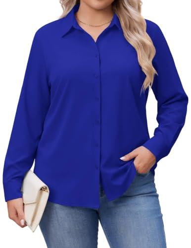 IN'VOLAND Women Plus Size Button Down Shirts Long Sleeve Shirt Office Tops | Stretch Dress Shirts,Wrinkle Free Shirt,Button Up Shirt,Collared Casual Shirt,Office Work Blouse Tops,Fall Fashion Clothes