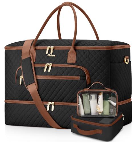 CLOKARS Travel Duffle Bag, Wide Open Large Weekender Bag for Women with Shoe Compartment, Carry on Overnight Bags with Toiletry Bag, Hospital Bag for Women Labor Delivery, Black Brown XL (3 Pcs)