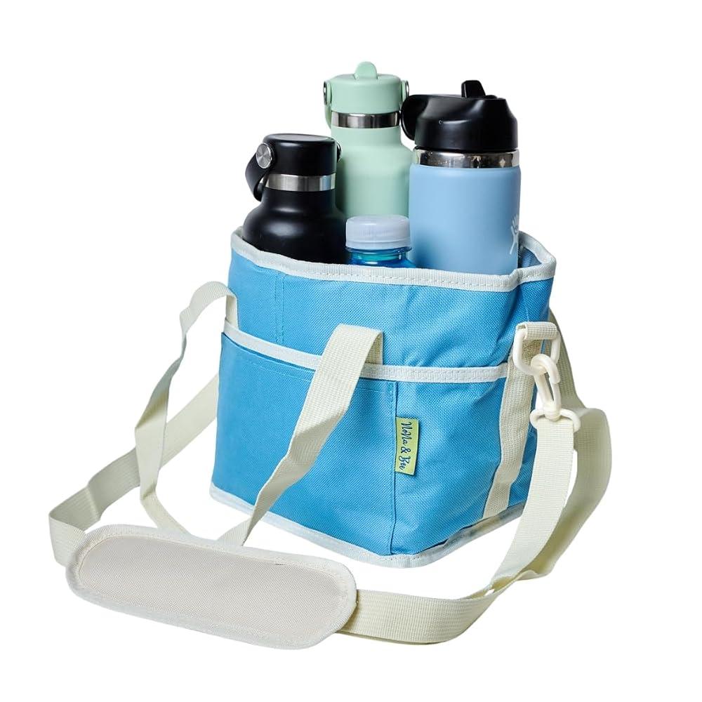 NoNa & Bee 4 Water Bottle Holder with Strap | Family Size 4 Compartment Drink Bag, Multiple Tumbler Carrier Caddy | Adjustable Fits Large & Small Drinks | Hands Free, Won't Tip Over in Car