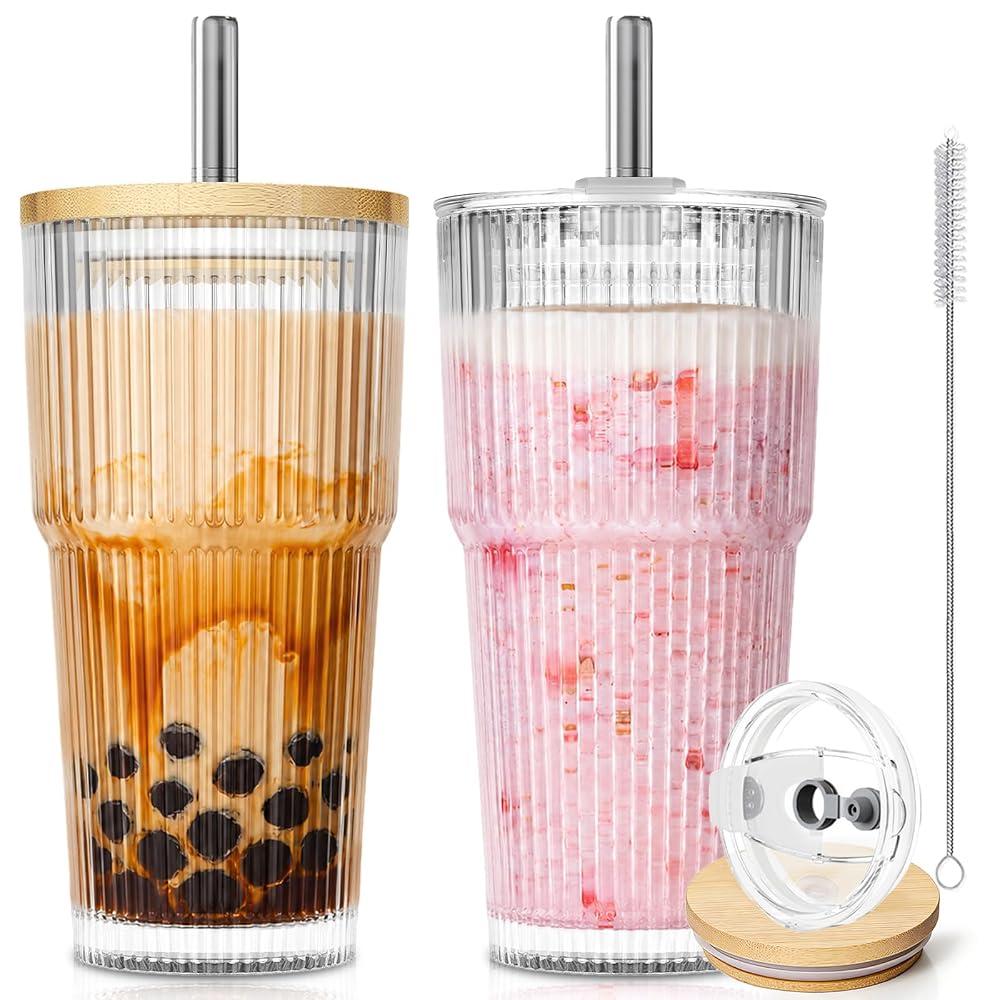 KEMORELA 20oz Ribbed Glass Tumblers with Bamboo Lids & Straws, Boba Cups