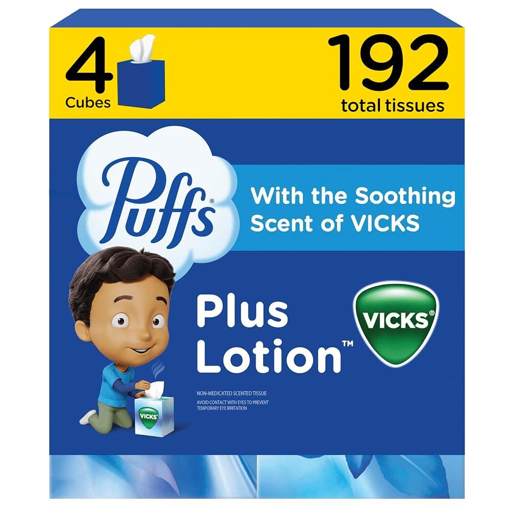 Puffs Plus Lotion with Vicks Facial Tissues, 4 Cubes, 48 Tissues per Box (192 Tissues) [Packaging May Vary]