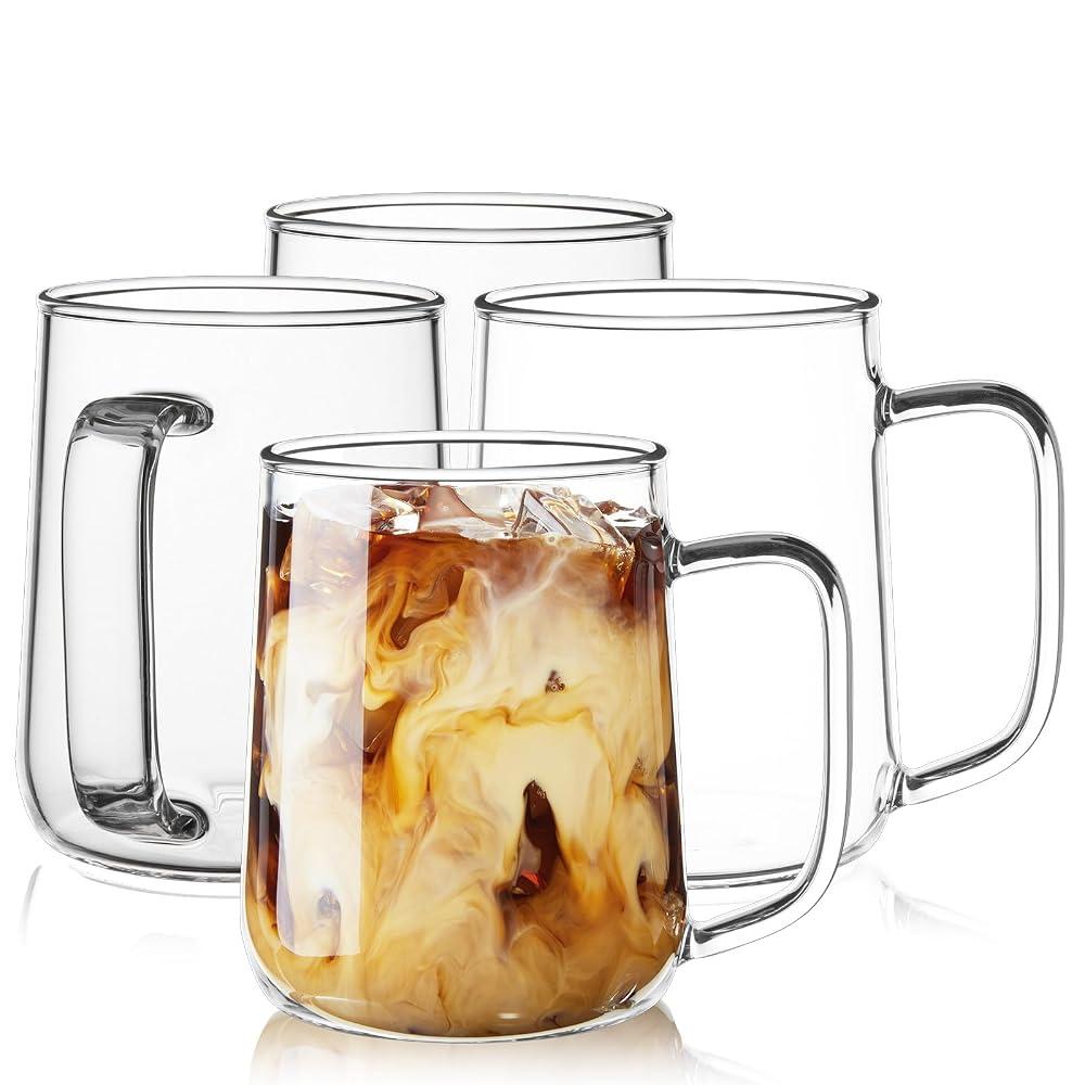 Glass Coffee Mugs, 16 oz Glass Coffee Cups Set of 4, Clear Borosilicate Glass Mugs with Handles for Cappuccino, Tea, Latte, Hot/Cold Beverages, Wine, Americano