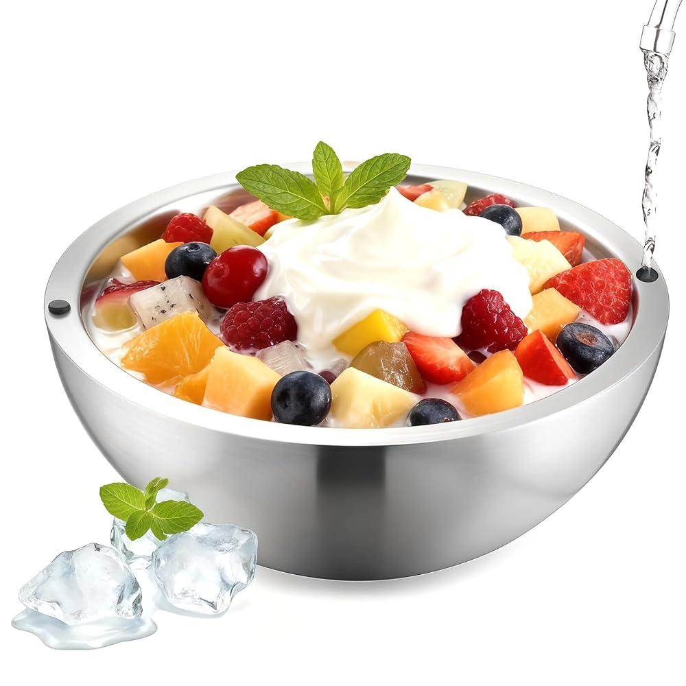 70 oz Dip Chiller Bowl, Stainless Steel Double Walled Insulated Serving Bowl for Hot or Cold Food, Parties Salsa, Guacamole, Sauces, Ice Cream, Fruits, Salad, with 2 Silicone Plugs
