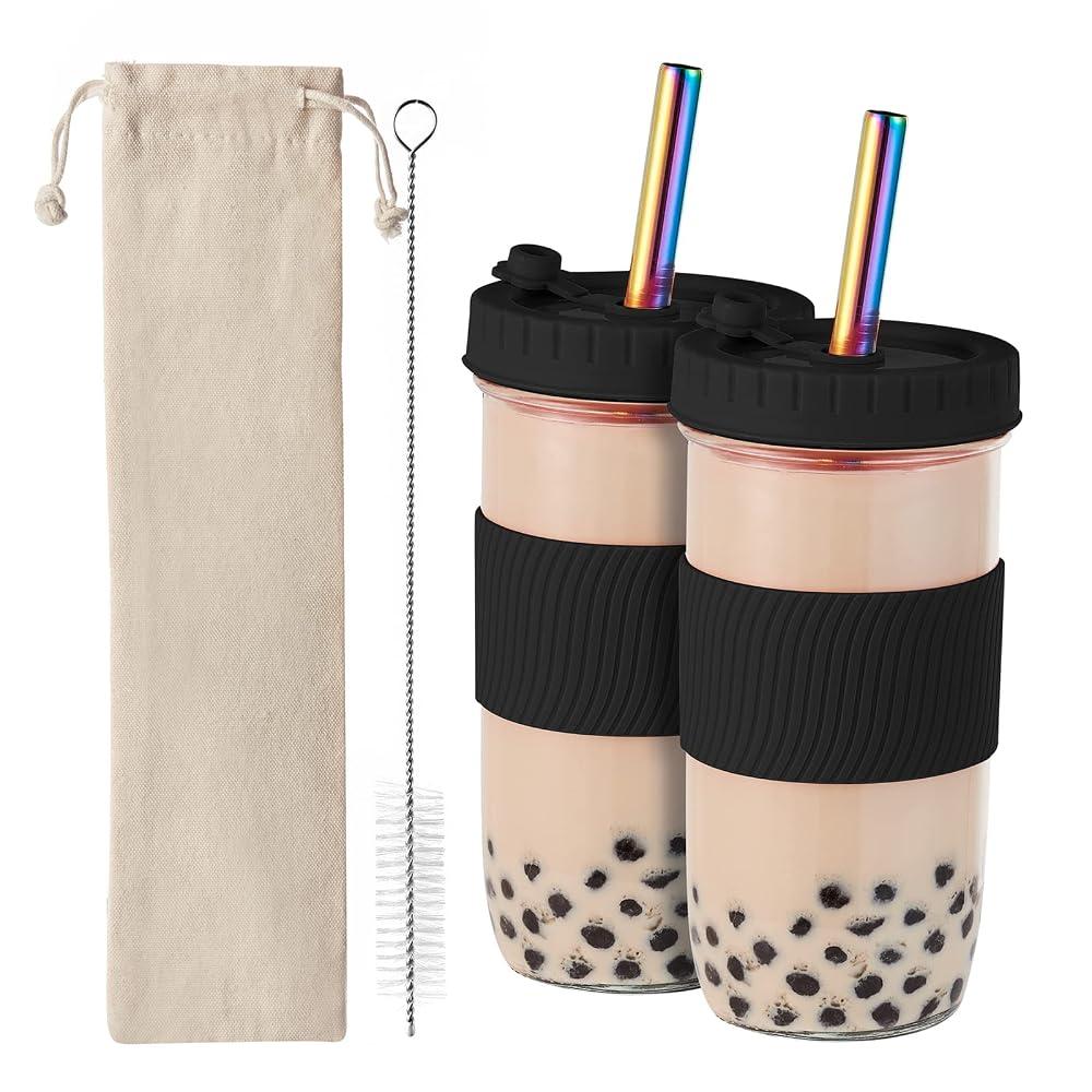 Amyoole 2 Pack Reusable Boba Cup, 24 oz Black Wide Mouth Smoothie Cup