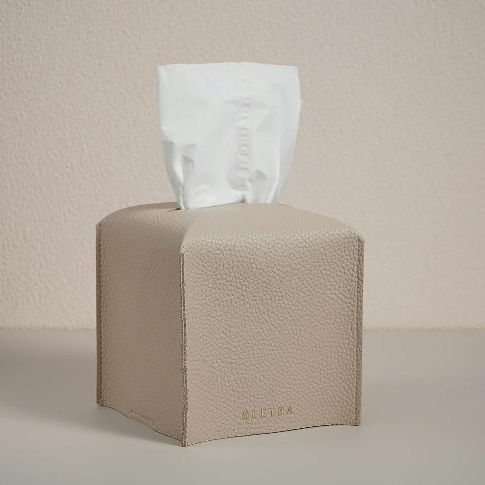 OLETHA Square Tissue Box Cover, Aesthetic Desk Decor, Light Taupe