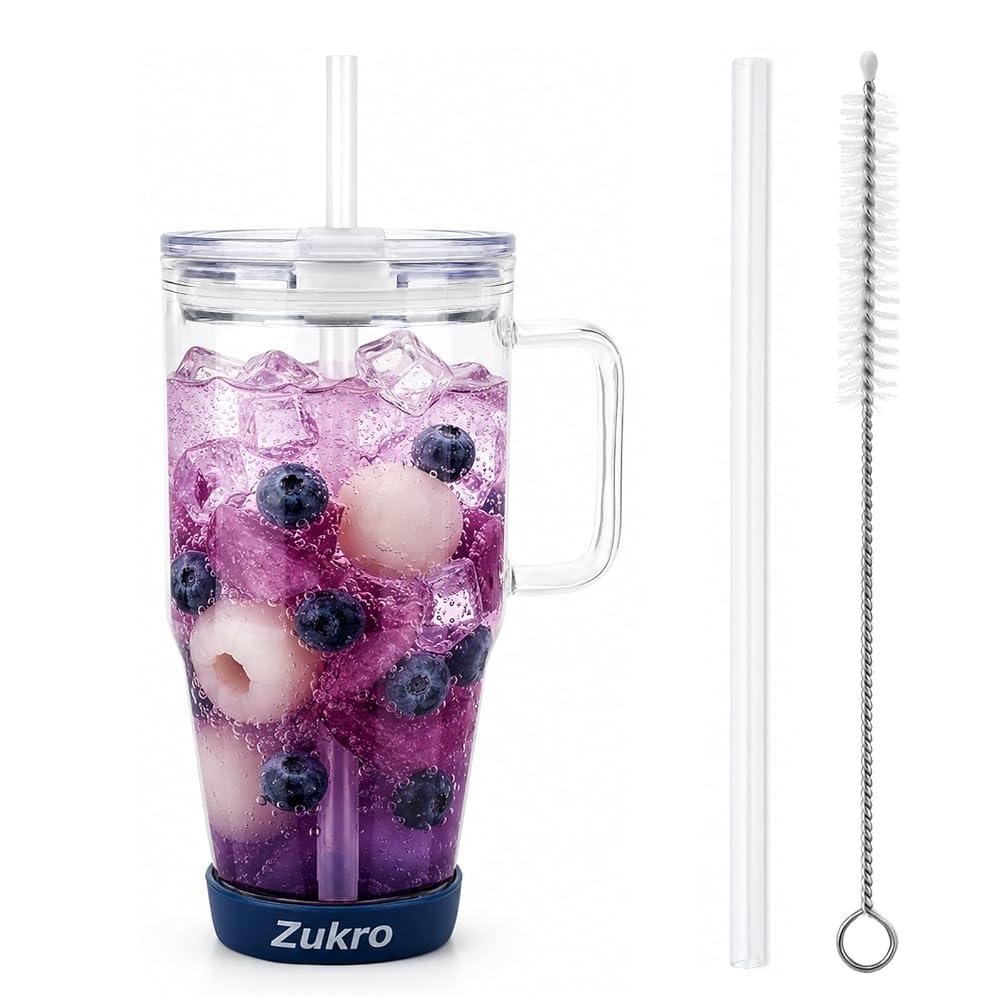 Zukro 32 oz Glass Water Tumbler with Handle & Straw, 2-in-1 Leak Proof Lid