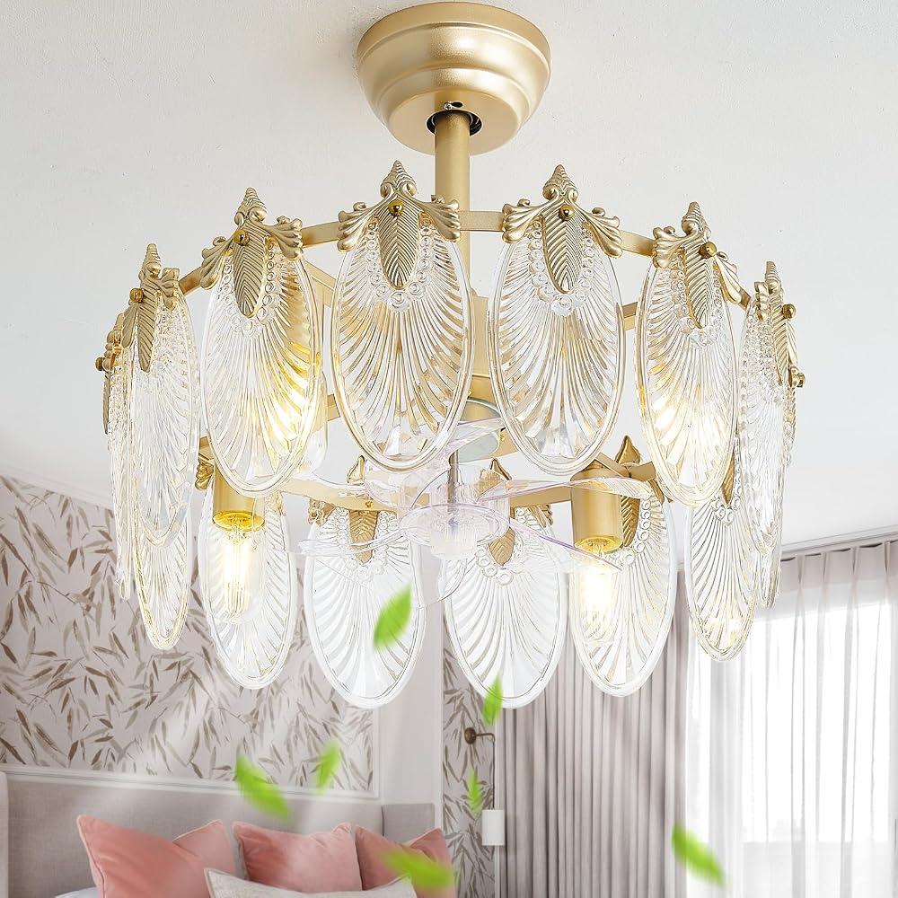 20 Inch Gold Crystal Fandelier Ceiling Fan with Light, Mid Century Gold Fandelier Ceiling Fans with Lights Remote Control, Caged with 6 Speeds for Bedroom, Nursery, Living Room(US-FS-SJ04)