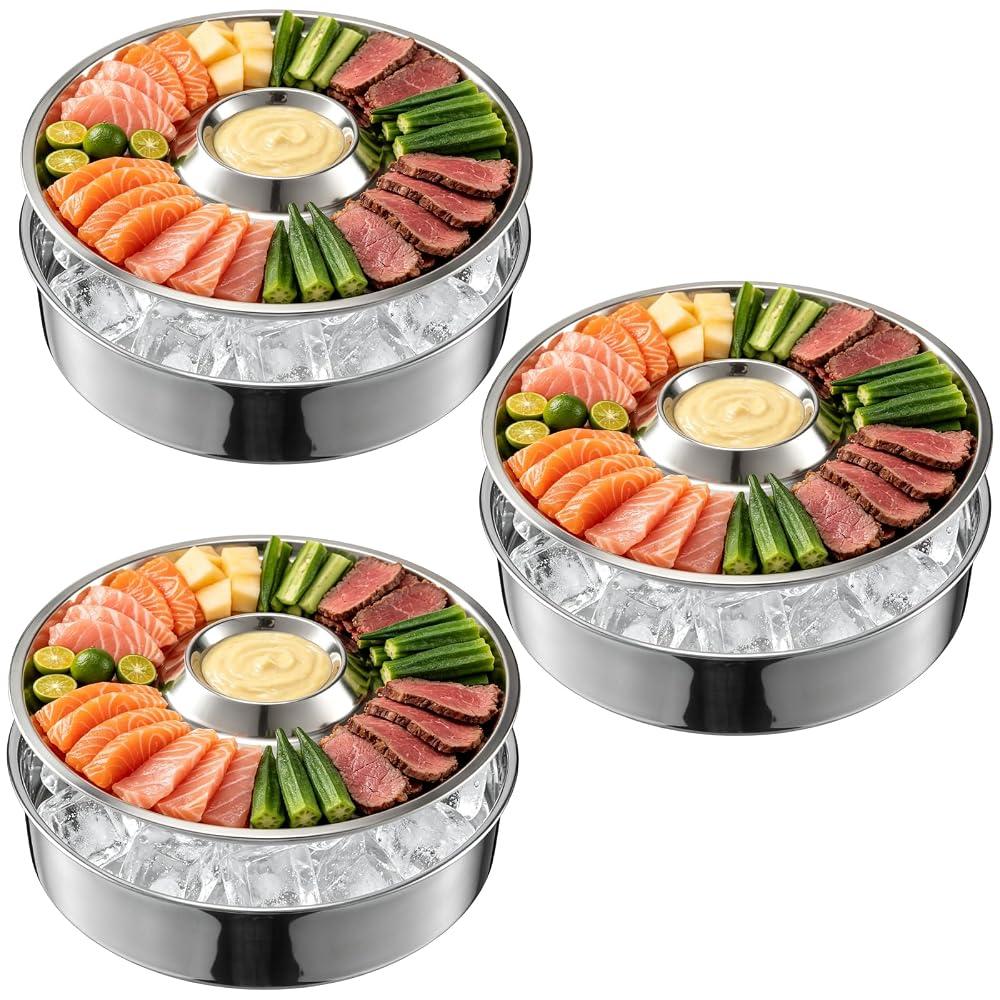 3 Set Shrimp Cocktail Serving Dish Stainless Steel Dip Chiller Serving Bowl, 3 Chilled Food Trays 3 Round Plate with Handle for Dinner Buffet Seafood Oysters Crawfish Veggie Fruit