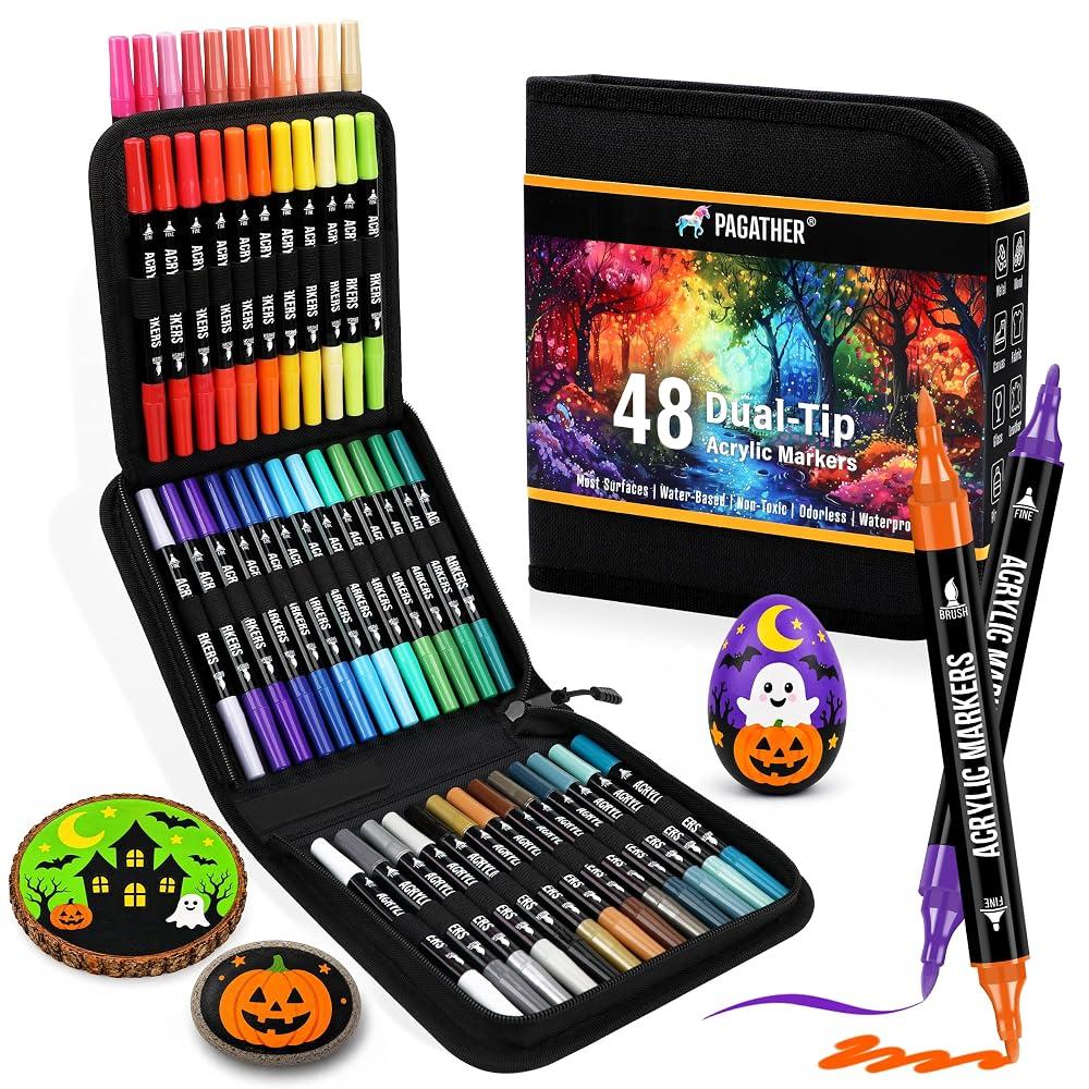 Pagather Acrylic Paint Markers, 48 Colors Dual Tip Fine & Brush Pens Set