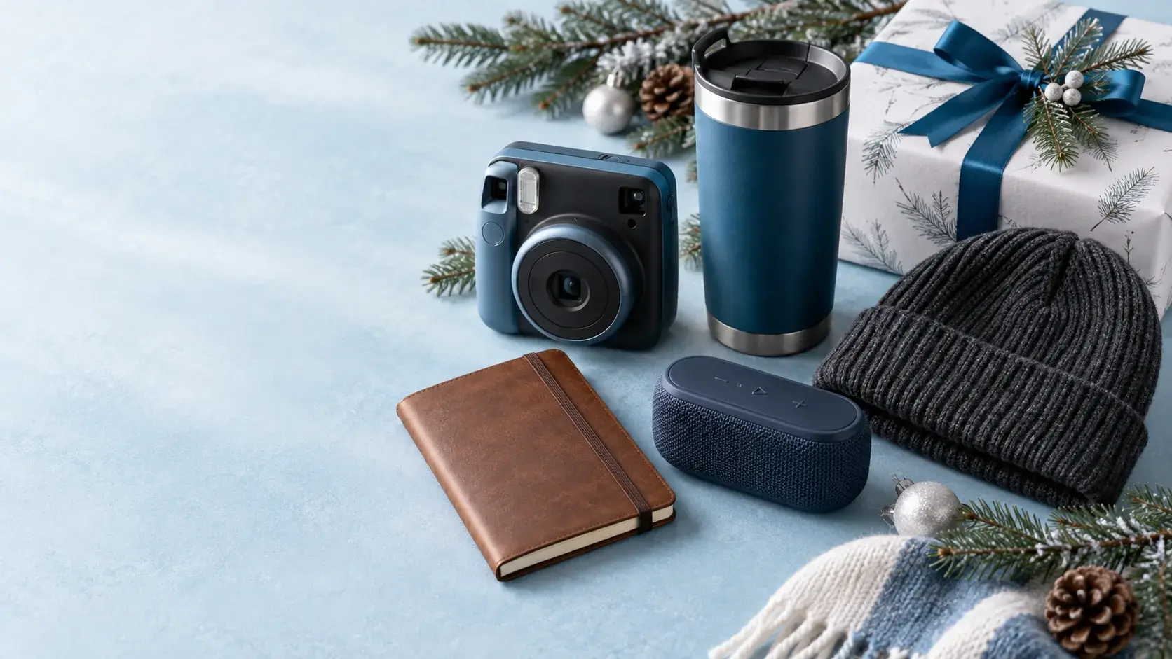 A camera, travel mug, notebook, speaker, knit hat, and wrapped Christmas gift arranged on a pale blue table