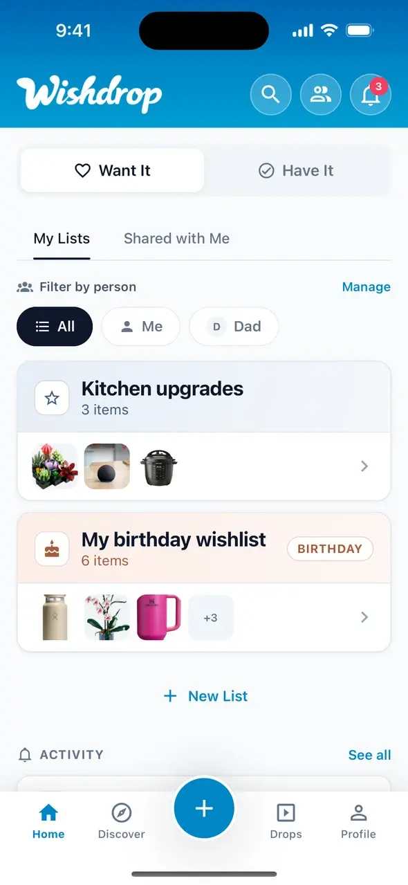 Wishdrop app showing saved wishlists and product thumbnails