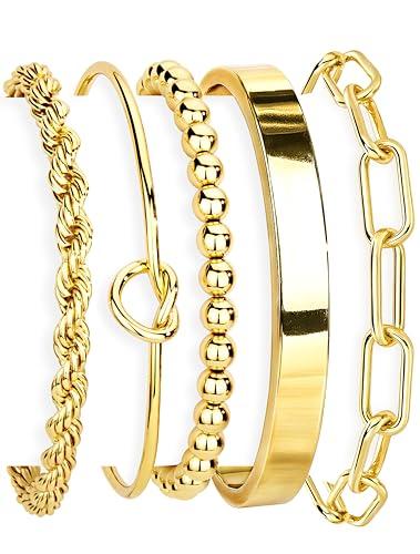 Gokeey Gold Bracelets Set for Women Non Tarnish, Waterproof 14K Gold Plated Sterling Silver Chunky Cuff Bracelet Stackable Gold Bangles Bracelet for Women Trendy Fashion Accessories Tie Knot Cuban Rope Paperclip Beaded Bracelet Stack Jewelry Mothers Day Gifts for Mom Birthday