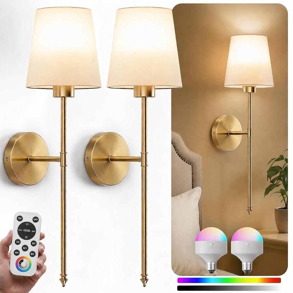 IRONPAX Wall Sconces Battery Operated Set of 2, Wireless Rechargeable Wall Sconce Set of Two, Dimmable Wall Lights with Remote for Bedroom Living Room Hallway Decor (Gold, Fabric Shade)