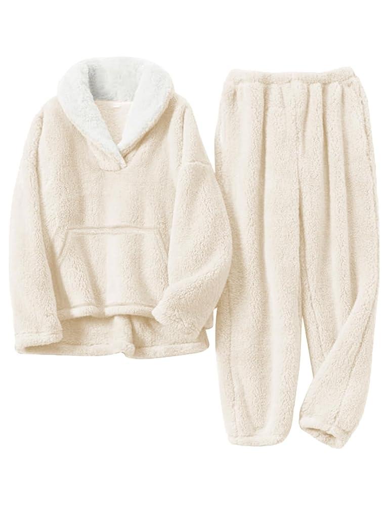 Womens 2 Piece Fluffy Pajama Lounge Set Loose Pullover Pants Sleepwear with Pockets