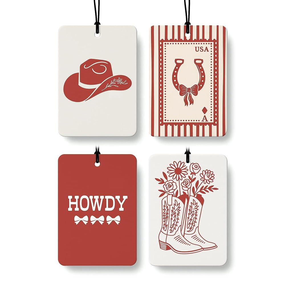 Red Western Cowgirl Car Air Freshener 4 Pcs Coconut Scented, Howdy Preppy Girly Cowgirl Car Accessories Mirror Decor for Women, Western Hanging Air Freshener for Cars Closet Drawer Books