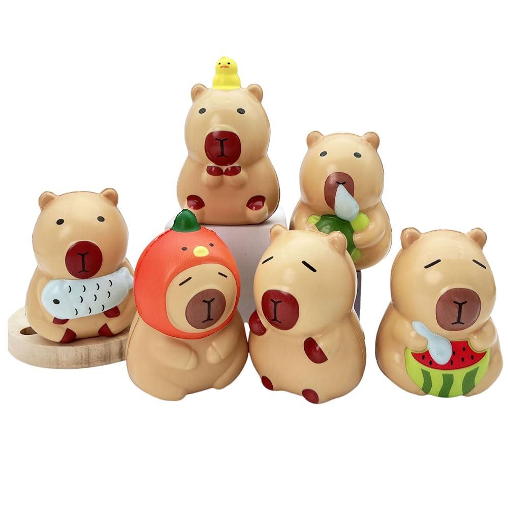 Super 6 Set Squishy Toys Kit Cute Squishy Capybara PU Squeezable Capybara Collectible Figures, Squeeze Toy Sensory Stress Relief Squishies Soft & Stretchy Fidget Toys for Anxiety Relief