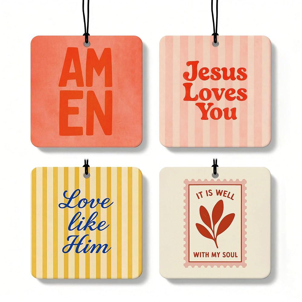 Boho Christian Square Car Air Freshener 4 Pcs Coconut Scented, Inspirational Religious Car Accessories Mirror Decor, Christian Hanging Air Freshener for Cars Closet Drawer Books Kids Room