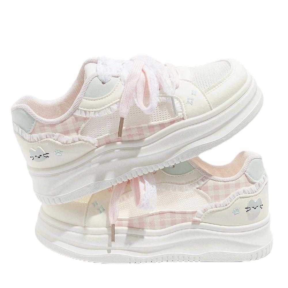 Cute Bow Platform Sneakers for Women Casual Walking Shoes with Lace Ribbon Detail Soft Comfortable Everyday Sneakers with Gingham Cat Design