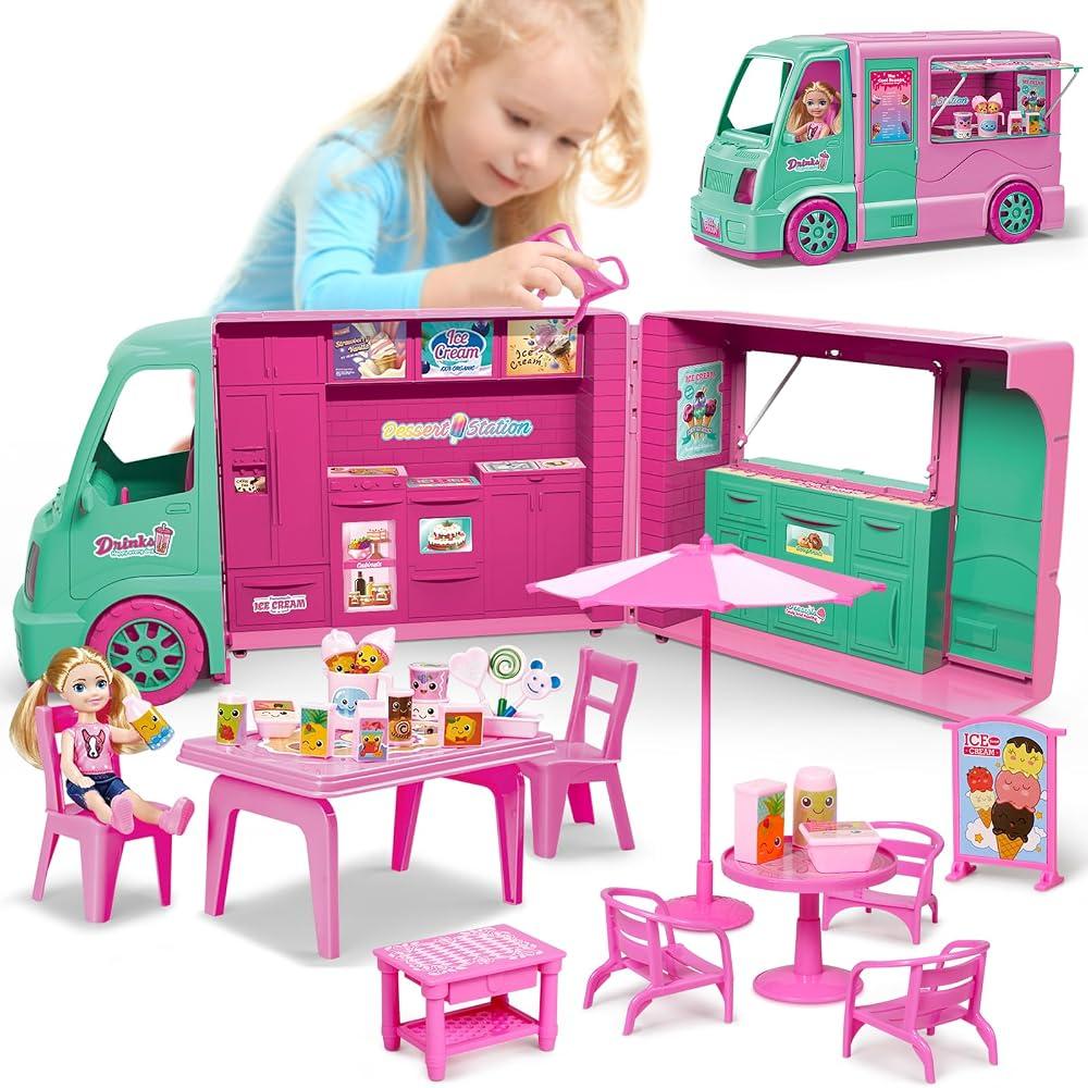 2 in 1 Dollhouse Ice Cream Truck for Girls Pretend Play Table Chairs Ice Cream Food Dessert Truck Toy House Accessories Camper Van Doll Playhouse Family Set Birthday Gift 3 4 5 6 7 8 Girl Toys Boy