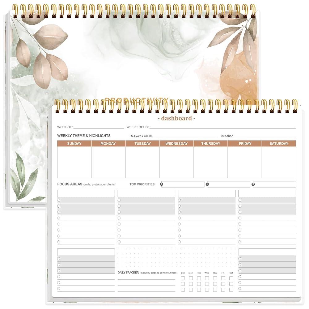 Weekly Productivity Planner - 8.5" x 11" Dashboard Desk Notepad Has 6 Focus Areas to List Tasks for Goals, Projects, Clients, Academic or Meal-Organize Your Daily Work Efficiently, 54 Weeks, Rose Leaf