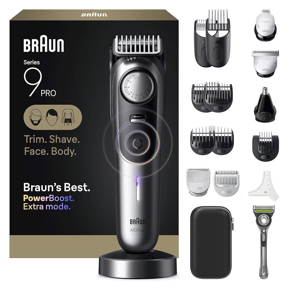 Braun All-in-One Series 9 PRO Men's Electric Beard Trimmer, Hair Clipper, Shaver & Razor for Face, Hair & Body, AIO 9570 with Gillette Labs Razor, Cordless