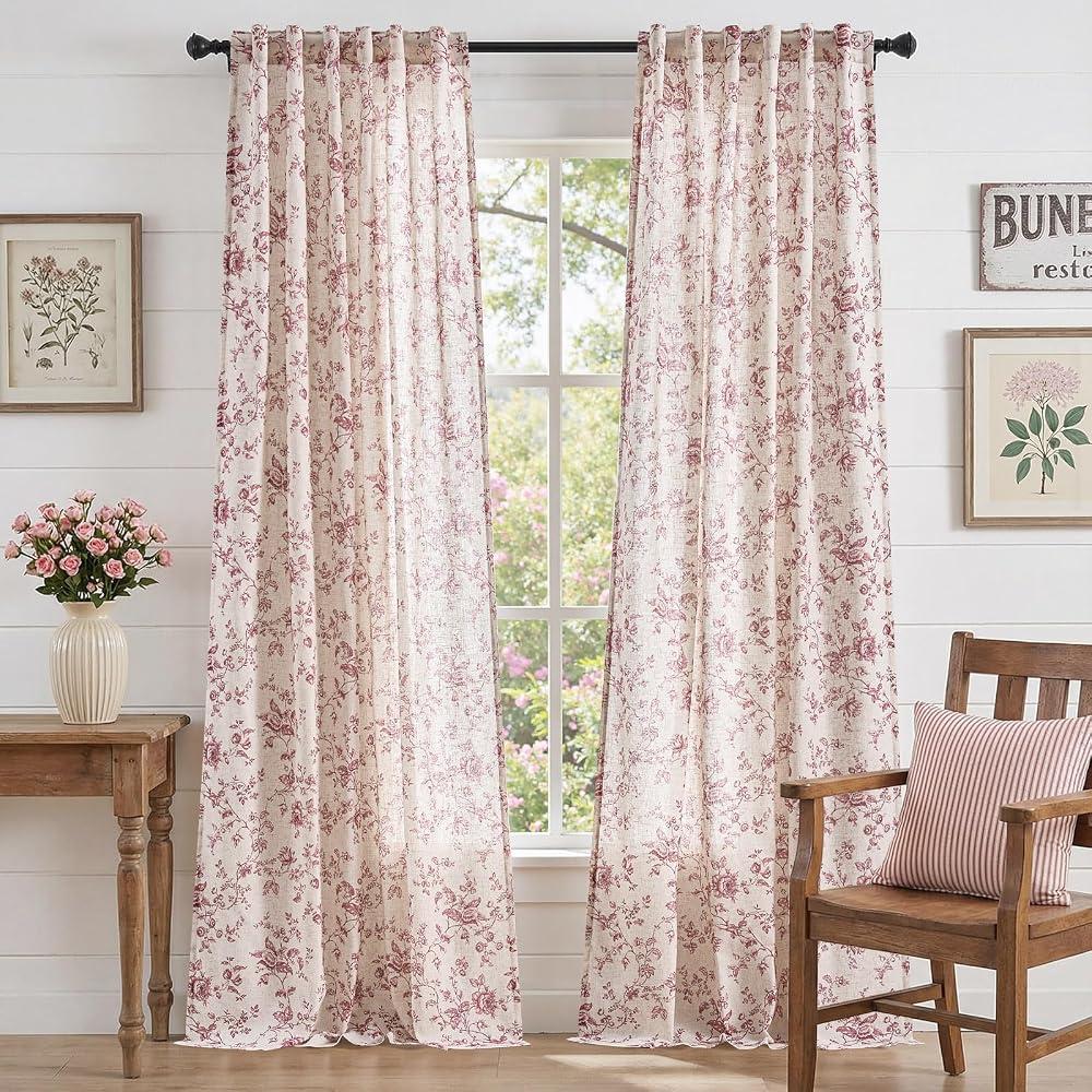 jinchan Linen Curtains 96 inch Maroon Floral Farmhouse Rod Pocket 2 Panels