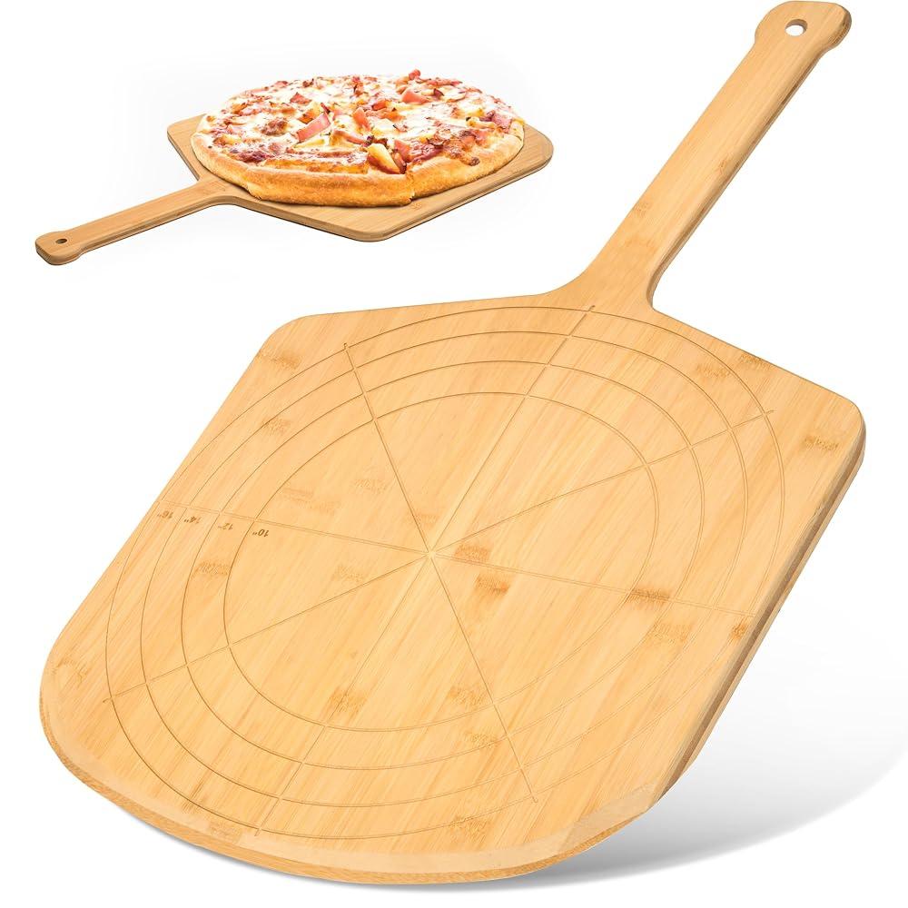 Wooden Pizza Peel 16 Inch Board with Engraved Sizes - Multi-Purpose Bamboo Pizza Cutting Board, Wood Pizza Peel, Pizza Spatula Paddle, and Serving Board with Size and Cutting Guide