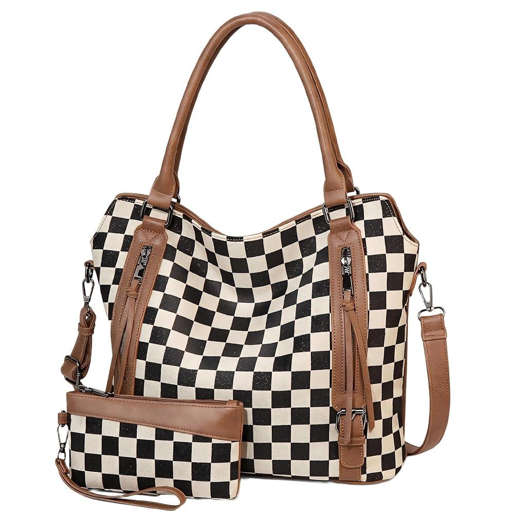 Women's Vegan Leather Tote, Wallet Set Shoulder Handbag, Coffee