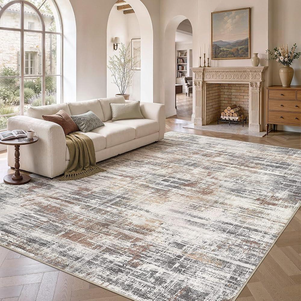 9x12 Area Rug for Living Room Washable Abstract Grey/Rust/Brown